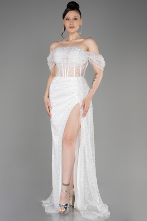 White Off-Shoulder Slit Long Scaly Evening Dress ABU3847