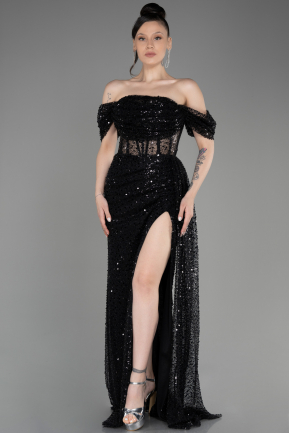 Black Off-Shoulder Slit Long Scaly Evening Dress ABU3847