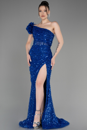 Sax Blue Slit Scaly Long Evening Gown ABU3865