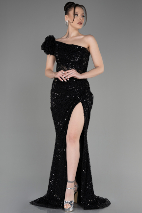 Black Slit Scaly Long Evening Gown ABU3865