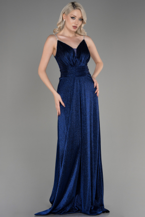 Sax Blue Strappy Long Silvery Evening Dress ABU3863