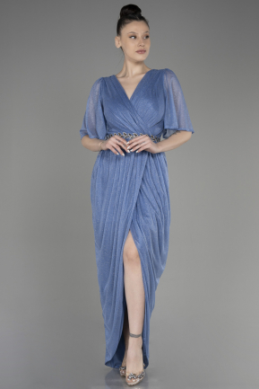 Indigo Short Sleeve Slit Glittery Midi Plus Size Evening Dress ABK2051