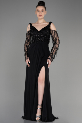 Black Slit Sequined Long Sleeve Plus Size Evening Dress ABU3873