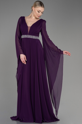 Robe De Soirée Mousseline Longue Violet Foncé ABU3541