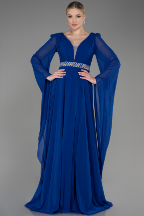 Robe De Soirée Mousseline Longue Bleu Saxe ABU3541