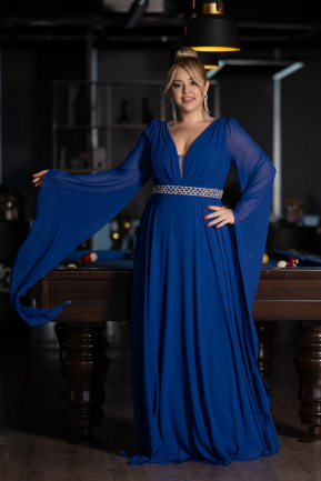 Robe De Soirée Grande Taille Mousseline Longue Bleu Saxe ABU3543