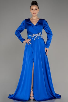 Robe De Fiançailles Grande Taille Satin Longue Bleu Saxe ABU3941