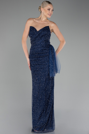 Robe de Soirée Longue Pierreux Bleu Marine ABU4199