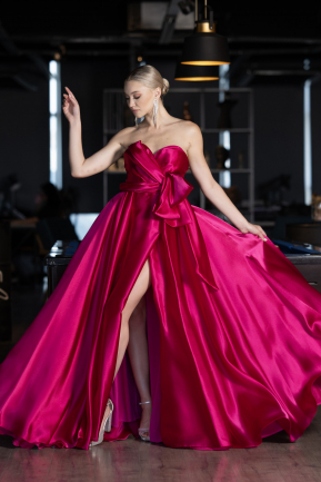 Robe De Soirée Satin Longue Fushia ABU3674