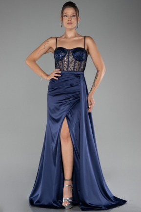 Robe de Soirée Longue Satin Bleu Marine ABU4090