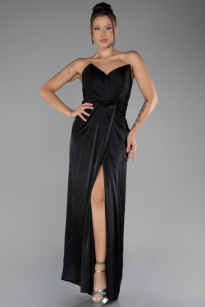 Robe de Soirée Longue Satin Noir ABU4071