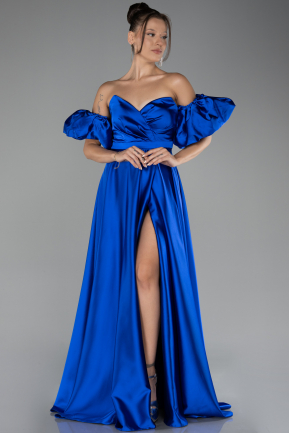 Robe De Soirée Satin Longue Bleu Saxe ABU4022