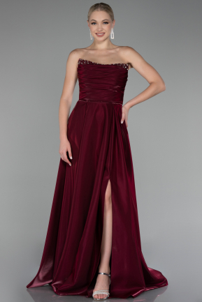 Robe De Soirée Satin Longue Rouge Bordeaux ABU4013