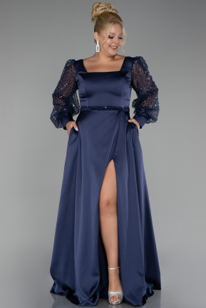 Robe De Soirée Grande Taille Longue Satin Bleu Marine ABU4124