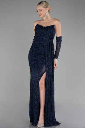 Robe de Soirée Longue Perlé Bleu Marine ABU4163