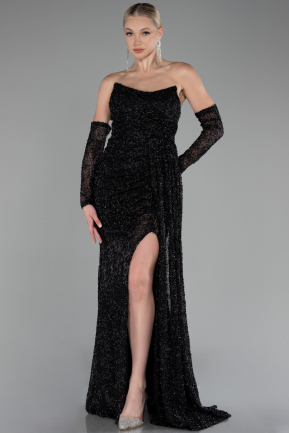 Robe de Soirée Longue Perlé Noir ABU4163