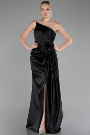 Robe de Soirée Longue Satin Noir ABU4174