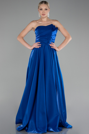 Robe de Soirée Longue Satin Bleu Saxe ABU4186