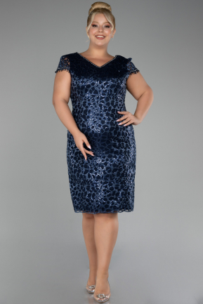 Robe De Invitation Grande Taille Midi Squameuse Bleu Marine ABK2132