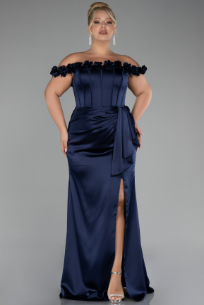 Robe De Soirée Grande Taille Satin Longue Bleu Marine ABU4046