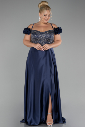 Robe Grande Taille Satin Longue Bleu Marine ABU4127