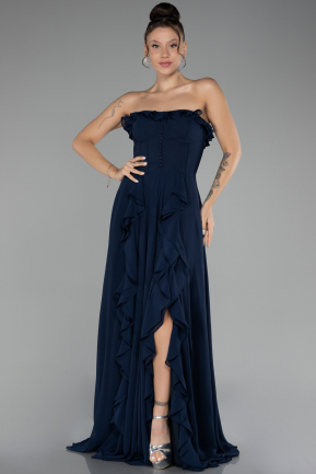 Robe de Soirée Longue Mousseline Bleu Marine ABU4214