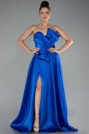 Robe de Soirée Longue Satin Bleu Saxe ABU4222