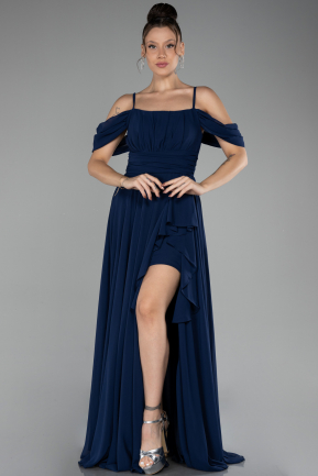 Robe De Soirée Mousseline Longue Bleu Marine ABU3591