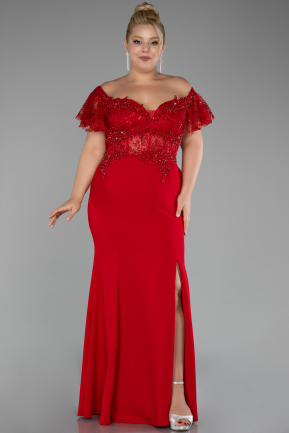 Robe de Soirée Grande Taille Longue Dantelle Rouge ABU2571