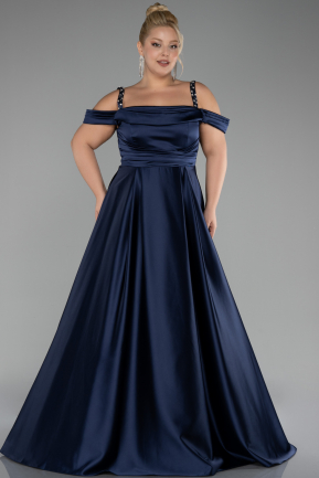 Robe De Fiançailles Grande Taille Longue Satin Bleu Marine ABU4207