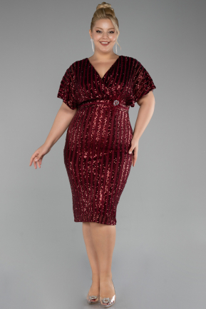 Robe De Invitation Grande Taille Midi Squameuse Rouge Bordeaux ABK2104