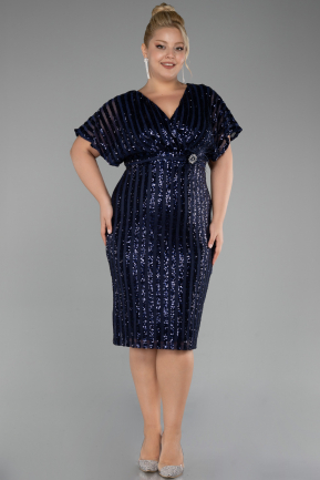 Robe De Invitation Grande Taille Midi Squameuse Bleu Marine ABK2104