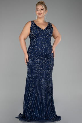 Robe De Fiançailles Grande Taille Longue Bleu Marine ABU4008