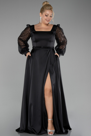 Robe De Soirée Grande Taille Longue Satin Noir ABU4124