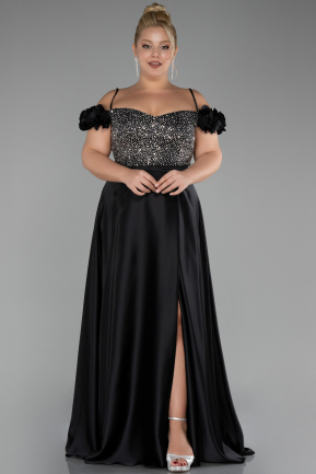 Robe Grande Taille Longue Satin Noir ABU4127