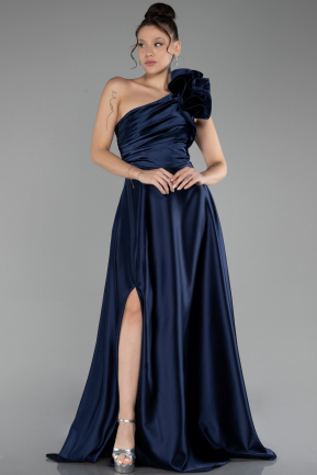 Robe De Soirée Satin Longue Bleu Marine ABU4189