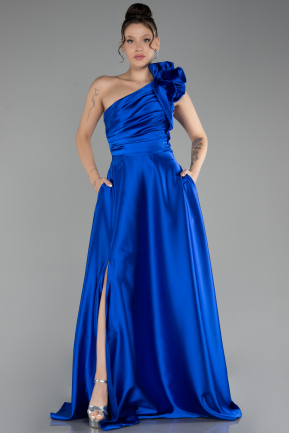 Robe De Soirée Satin Longue Bleu Saxe ABU4189