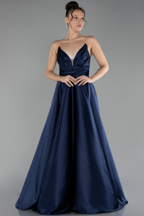 Robe de Soirée Longue Satin Bleu Marine ABU4245