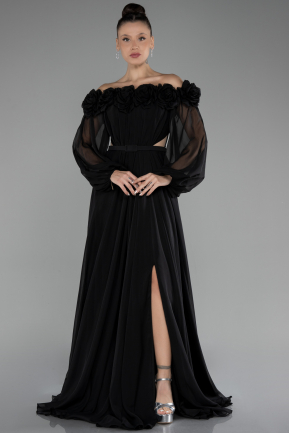 Robe De Soirée Mousseline Longue Noir ABU4130