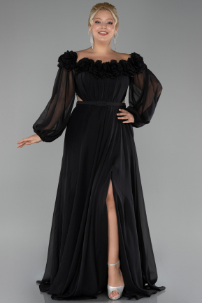 Robe De Soirée Grande Taille Mousseline Longue Noir ABU4131