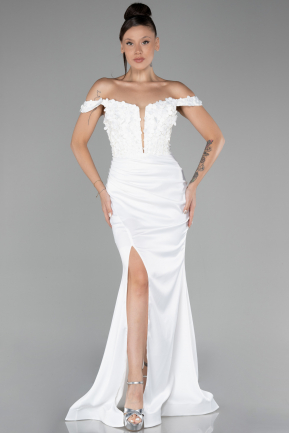 Robe de Soirée Longue Satin Blanc ABU4264