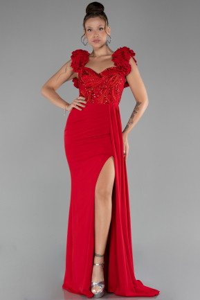 Robe de Soirée Longue Mousseline Rouge ABU4272