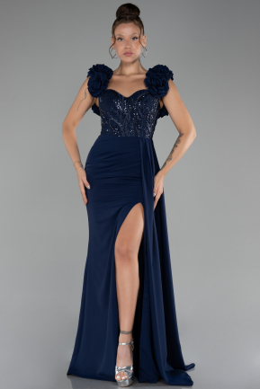 Robe de Soirée Longue Mousseline Bleu Marine ABU4272