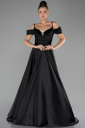 Robe De Soirée Satin Longue Noir ABU3678