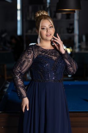 Robe de Soirée Grande Taille Longue Mousseline Bleu Marine ABU4312