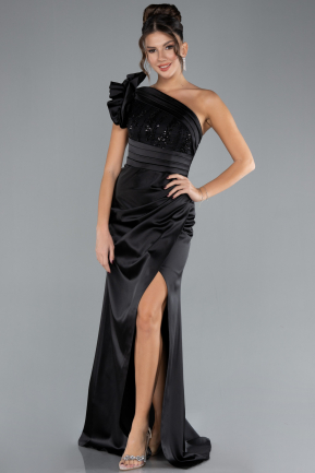 Robe de Soirée Longue Satin Noir ABU4325