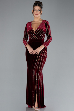 Robe De Soirée Velours Longue Rouge Bordeaux ABU4282