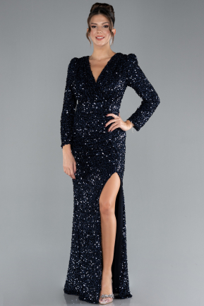 Robe de Soirée Longue Squameuse Bleu Marine ABU4329