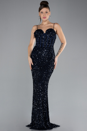 Robe de Soirée Longue Squameuse Bleu Marine ABU4346