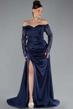 Robe Grande Taille Longue Satin Bleu Marine ABU4348